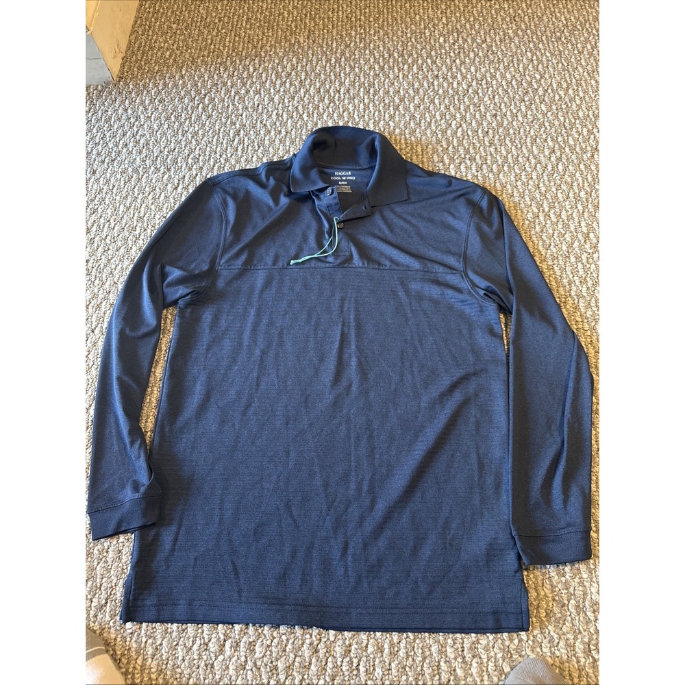 NEW Haggar Cool 18 Pro Men's Small 2-Button Long Sleeve Polo Shirt‎ Navy Blue